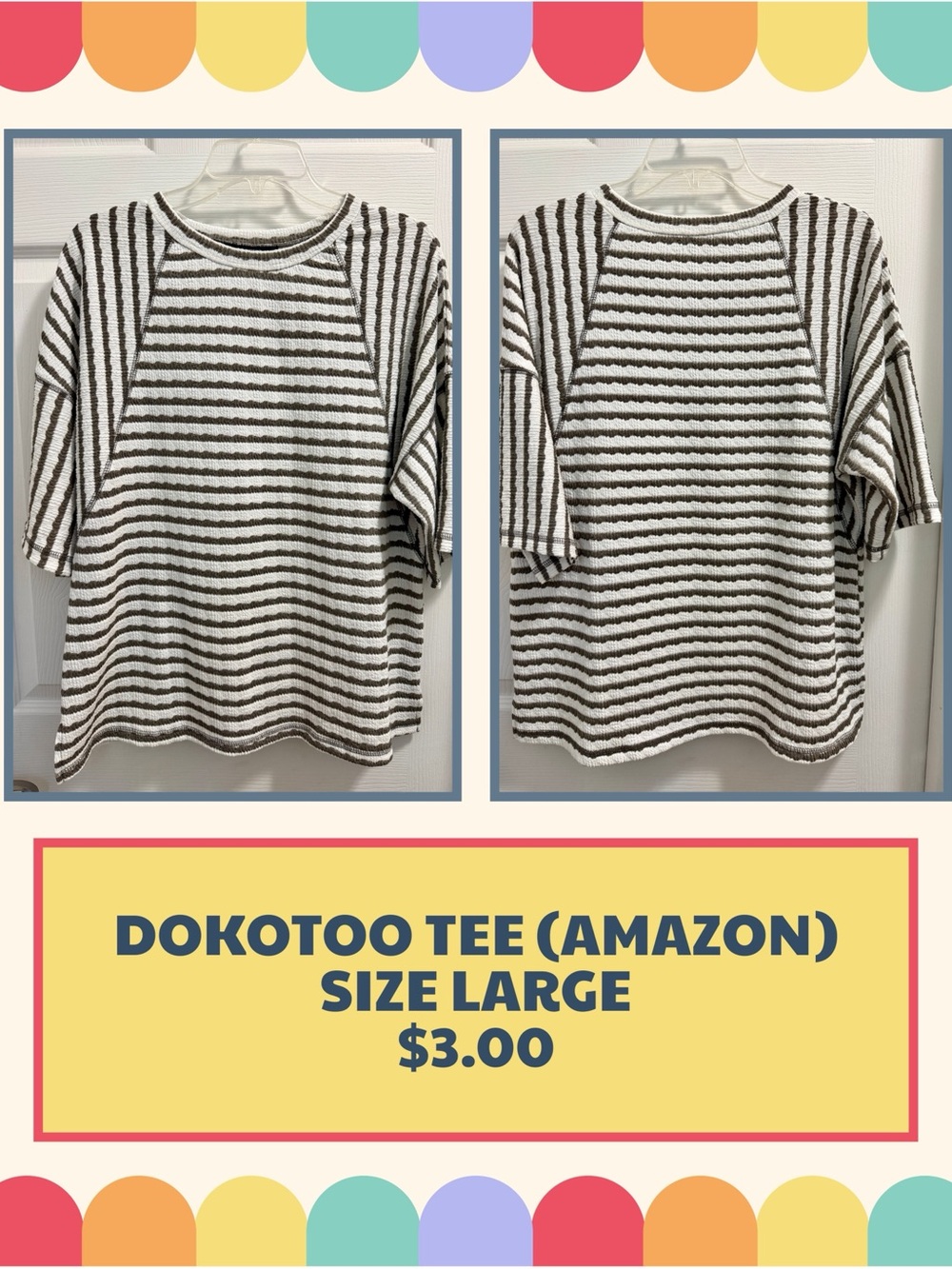 Dokotoo Short Sleeve Striped Tee in White & Brown - Large